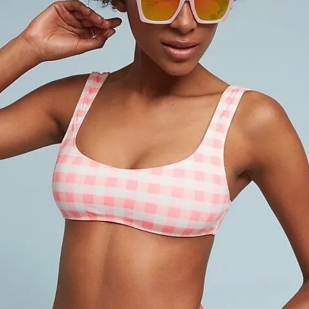New Solid & Striped x Free People Elle L Pink White Plaid Reversible Bikini Top